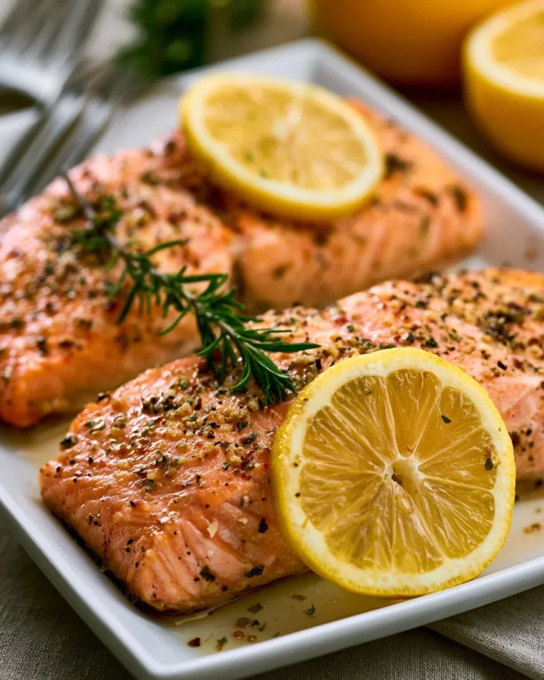 A plate of lemon pepper salmon garnished with herbs and lemon slices.