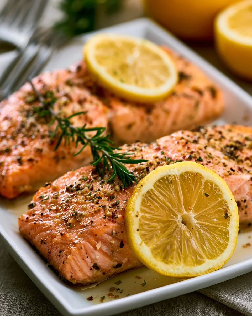 A plate of lemon pepper salmon garnished with herbs and lemon slices.