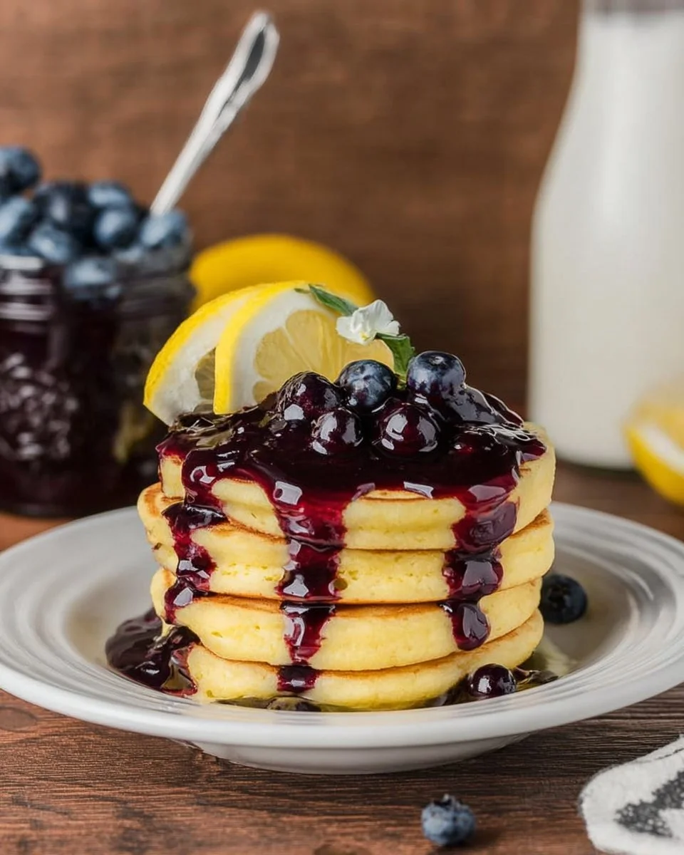 Fluffy Lemon Ricotta Pancakes topped with fresh fruit and syrup