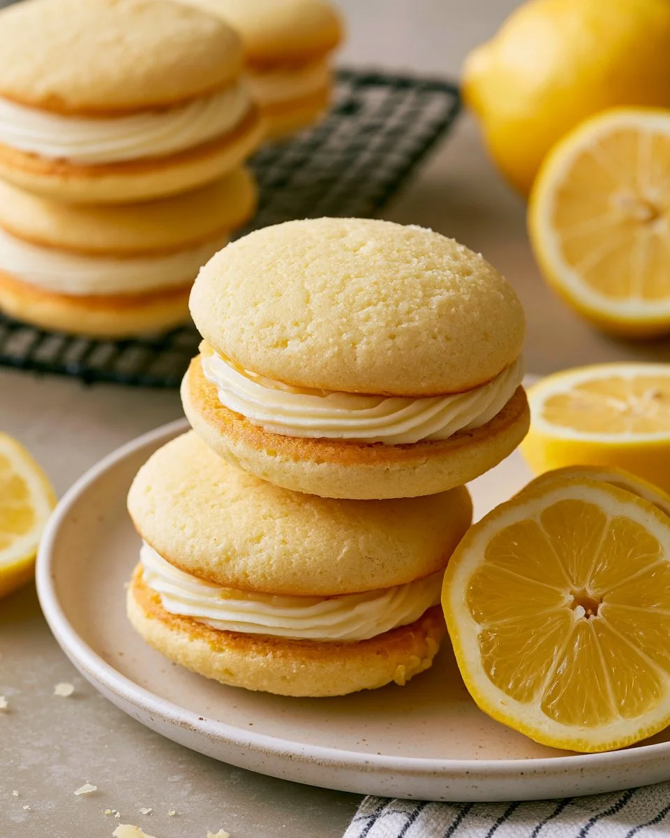 A delicious plate of Lemon Whoopie Pies with lemon cream filling