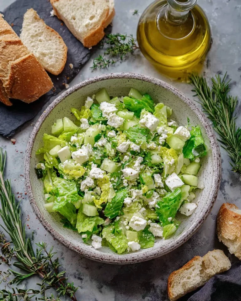 Fresh Maroulosalata Greek salad with crisp lettuce, herbs, and dressing