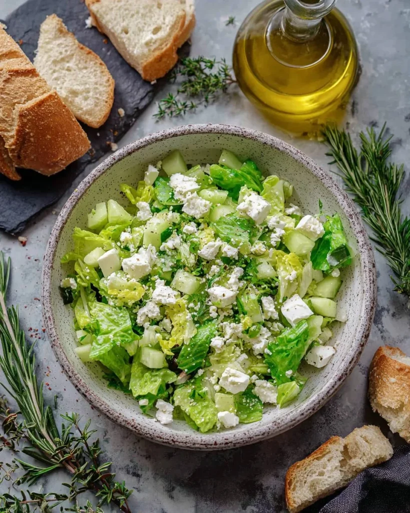 Fresh Maroulosalata Greek salad with crisp lettuce, herbs, and dressing