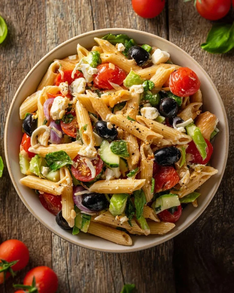 Colorful Mediterranean Pasta Salad with vegetables and herbs in a bowl