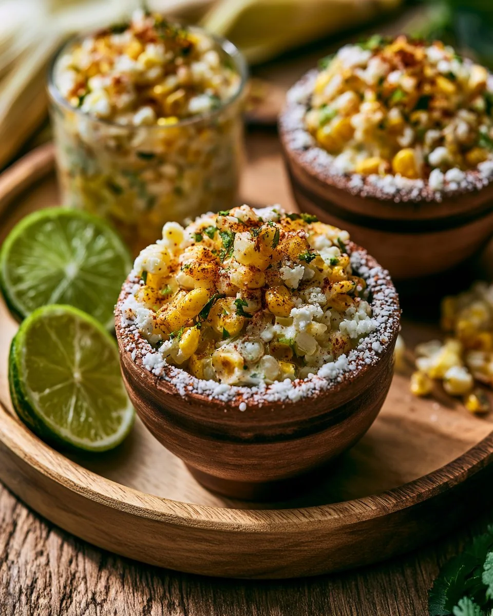 Delicious Mexican street corn cups esquites served in a bowl with fresh toppings.