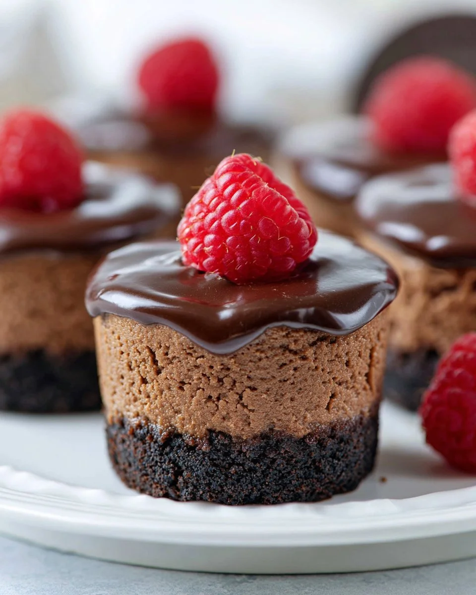 Mini chocolate cheesecakes topped with chocolate and whipped cream