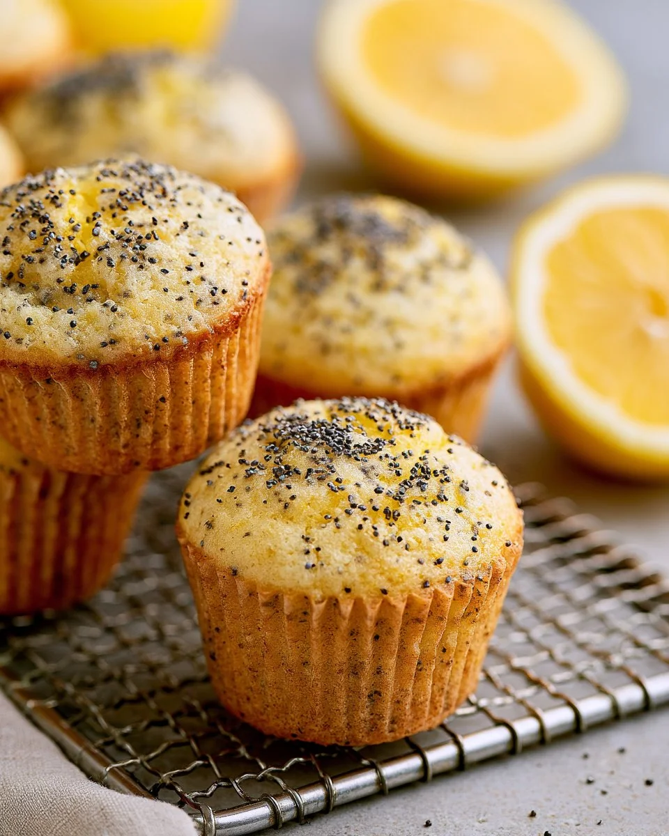 Mini lemon poppy seed muffins topped with a lemon glaze on a rustic wooden table