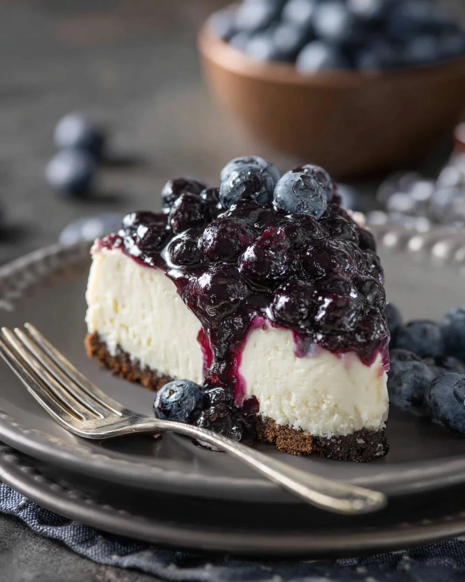 No Bake Blueberry Cheesecake topped with fresh blueberries.