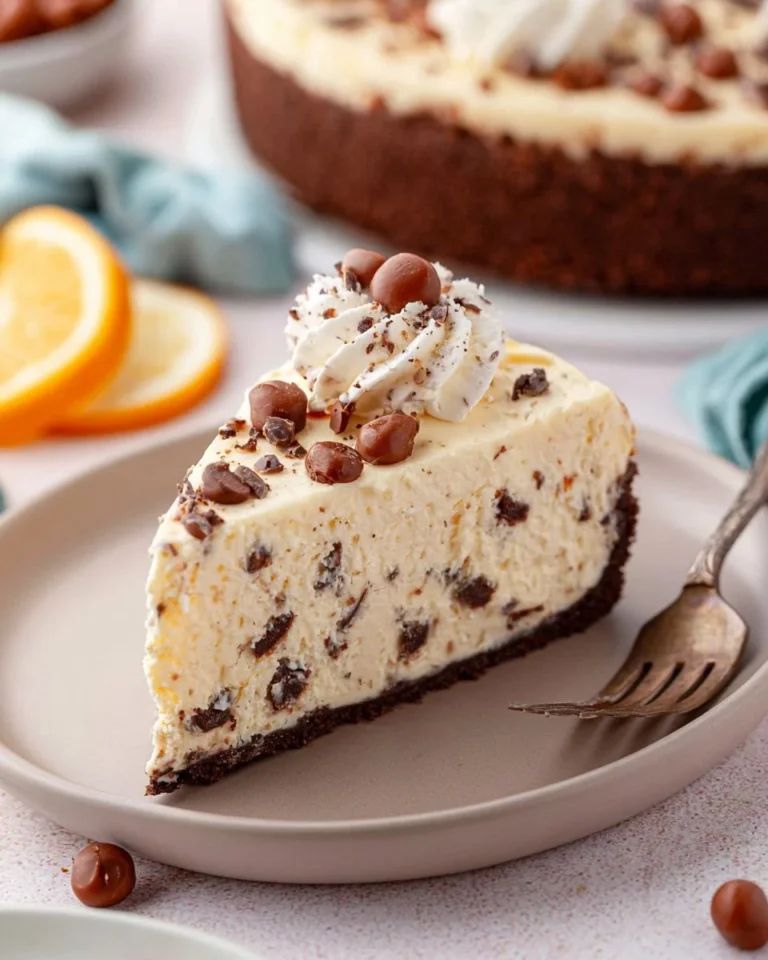 No-bake cannoli cheesecake topped with chocolate chips and whipped cream