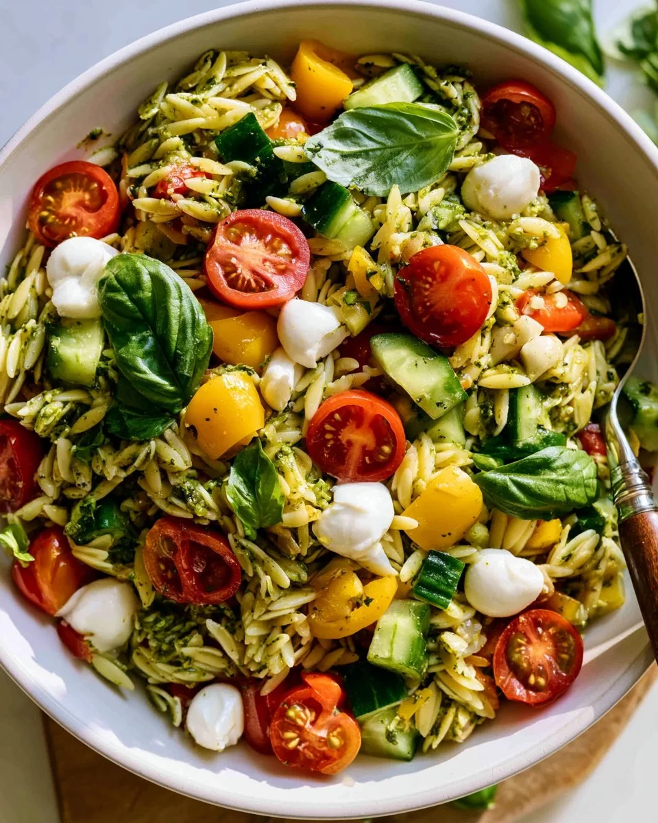Delicious Orzo Pesto Salad with fresh vegetables and pesto dressing