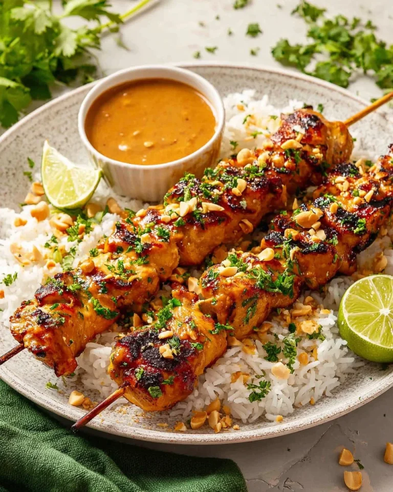 Oven baked Thai chicken satay served with coconut peanut sauce