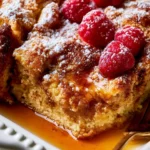 Overnight Brioche French Toast Casserole with toppings in a baking dish