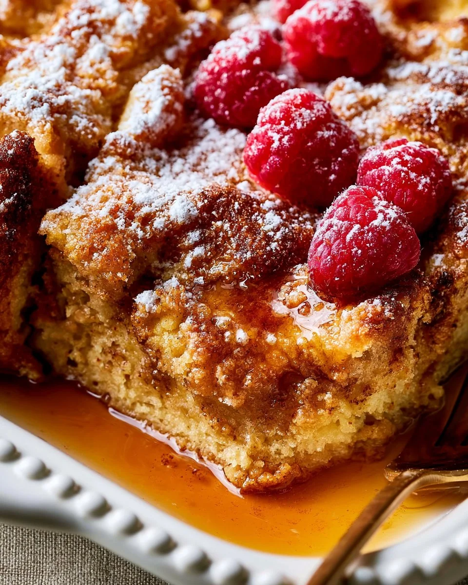 Overnight Brioche French Toast Casserole with toppings in a baking dish
