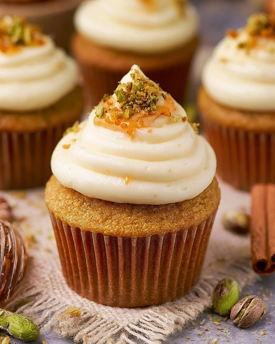 Delicious pistachio cupcakes with honey cream cheese frosting on a decorative plate