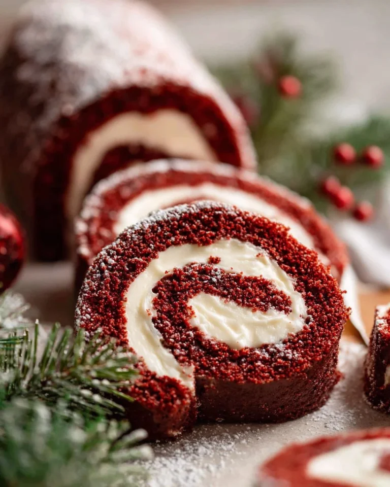 Red Velvet Cake Roll with cream cheese frosting and vibrant red color
