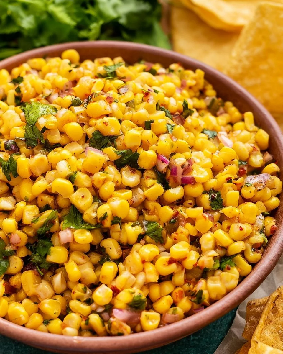 Bowl of roasted chili corn salsa inspired by Chipotle recipe