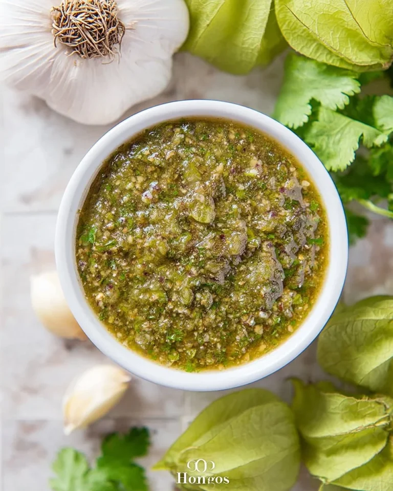 Roasted tomatillo salsa in a bowl with fresh ingredients