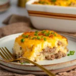 Sausage and Hashbrown Breakfast Casserole freshly baked and served in a dish.