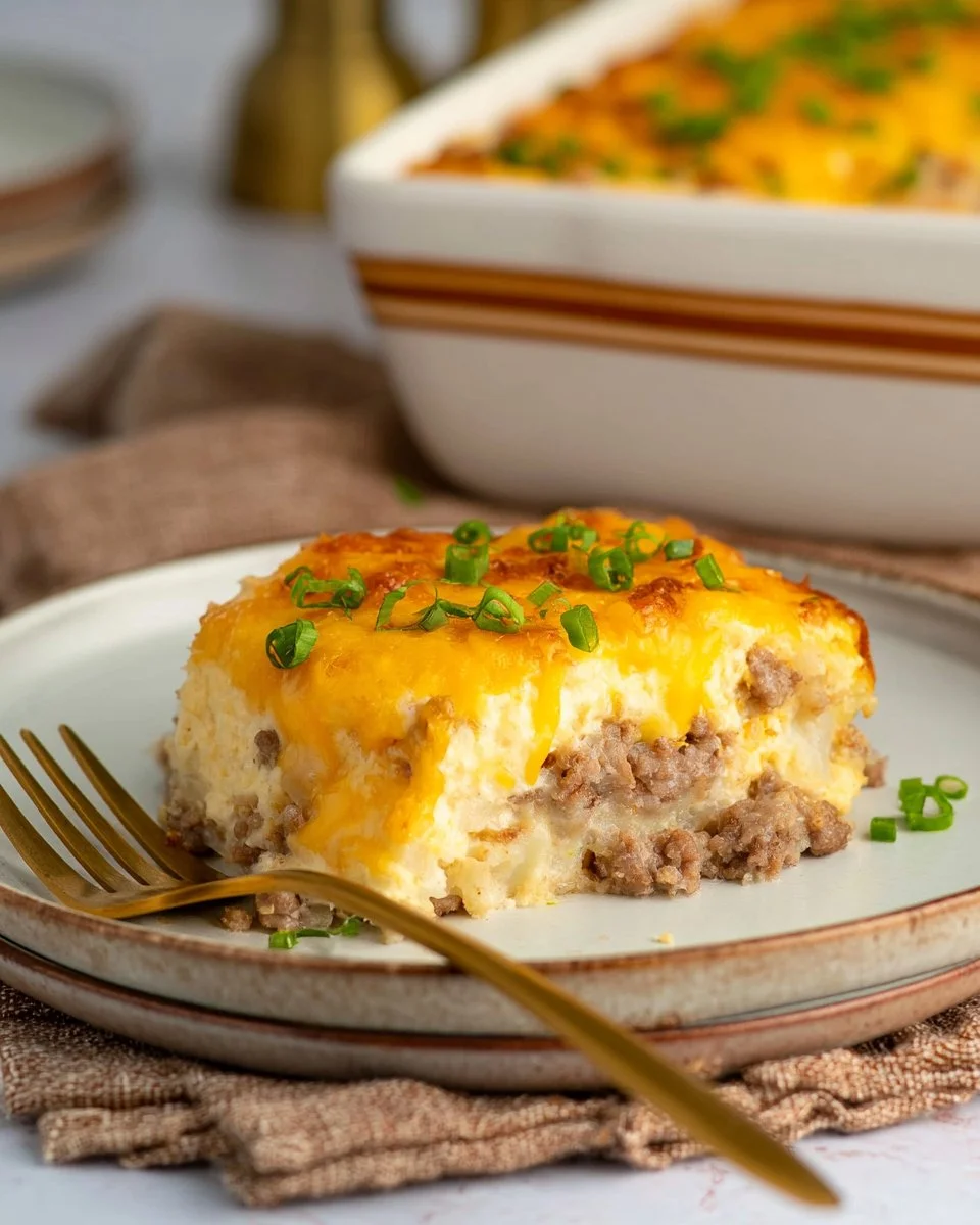 Sausage and Hashbrown Breakfast Casserole freshly baked and served in a dish.