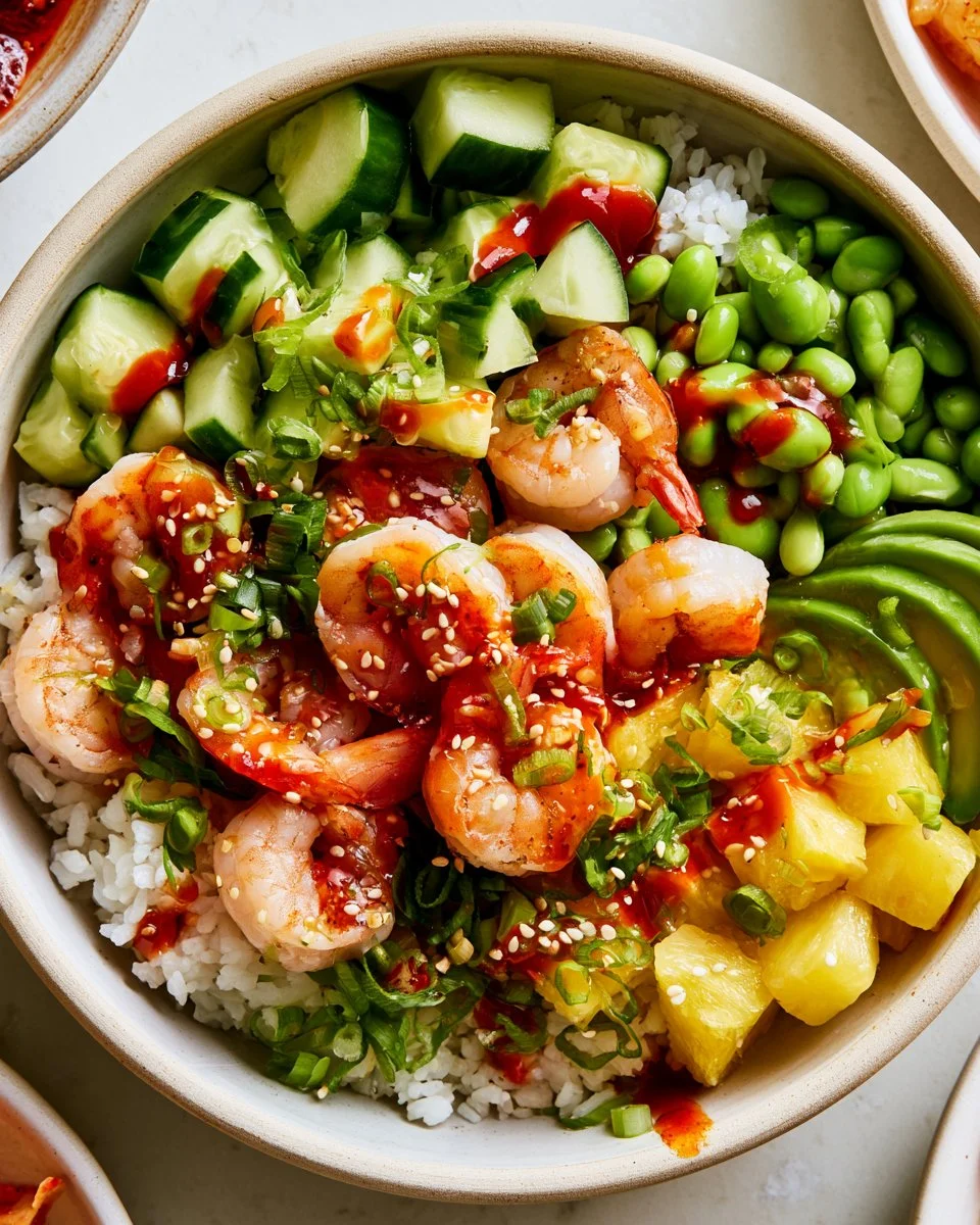 Shrimp Poke Bowl topped with fresh vegetables and sesame seeds
