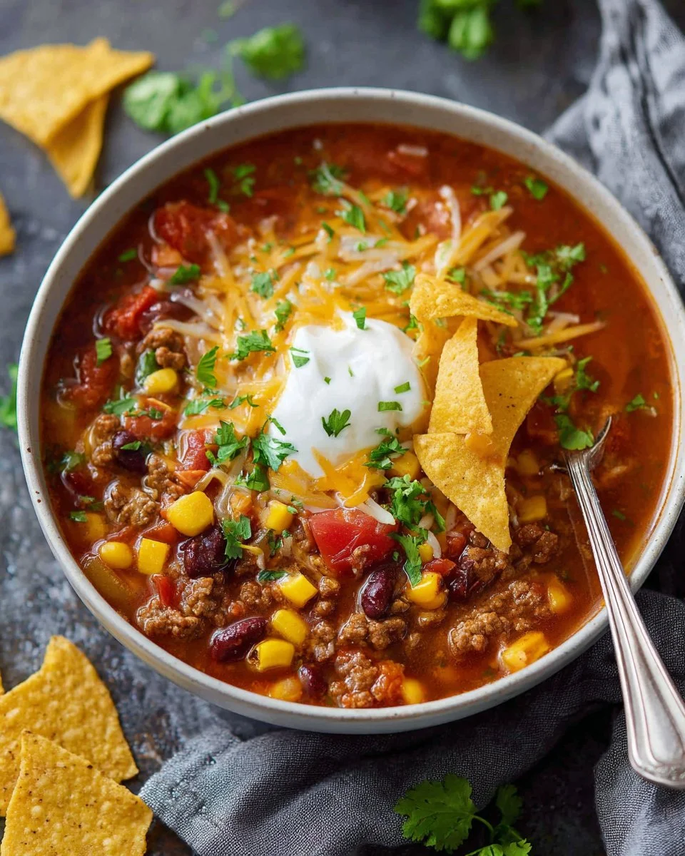 A bowl of simple and delicious taco soup topped with cheese and cilantro