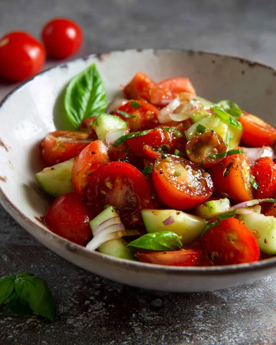Fresh ingredients of a simple tomato salad in a bowl