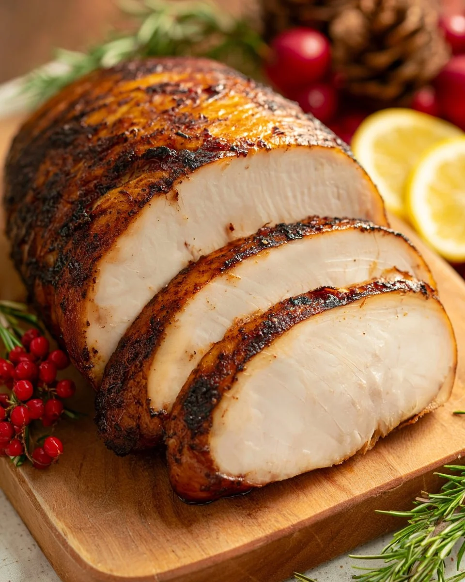 Deliciously smoked turkey breast with golden brown skin and juicy meat