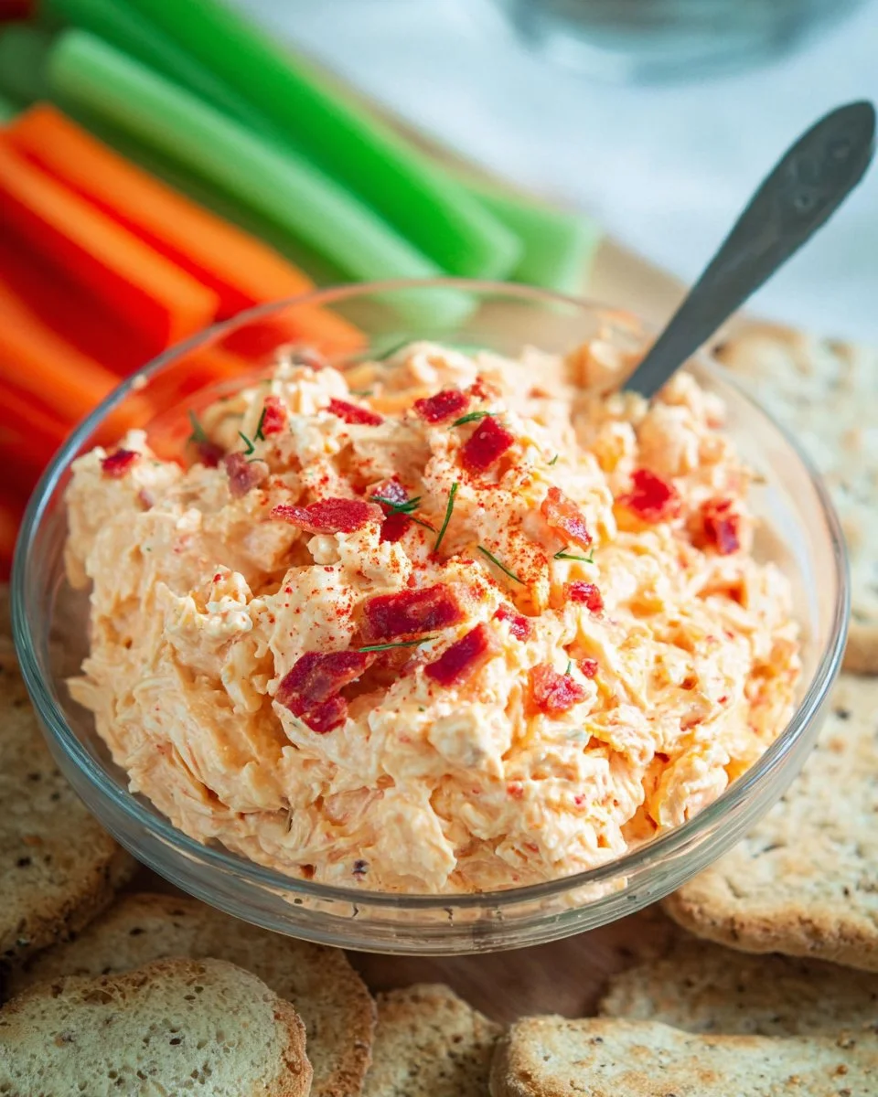 Bowl of Southern Pimento Cheese with crackers and fresh vegetables