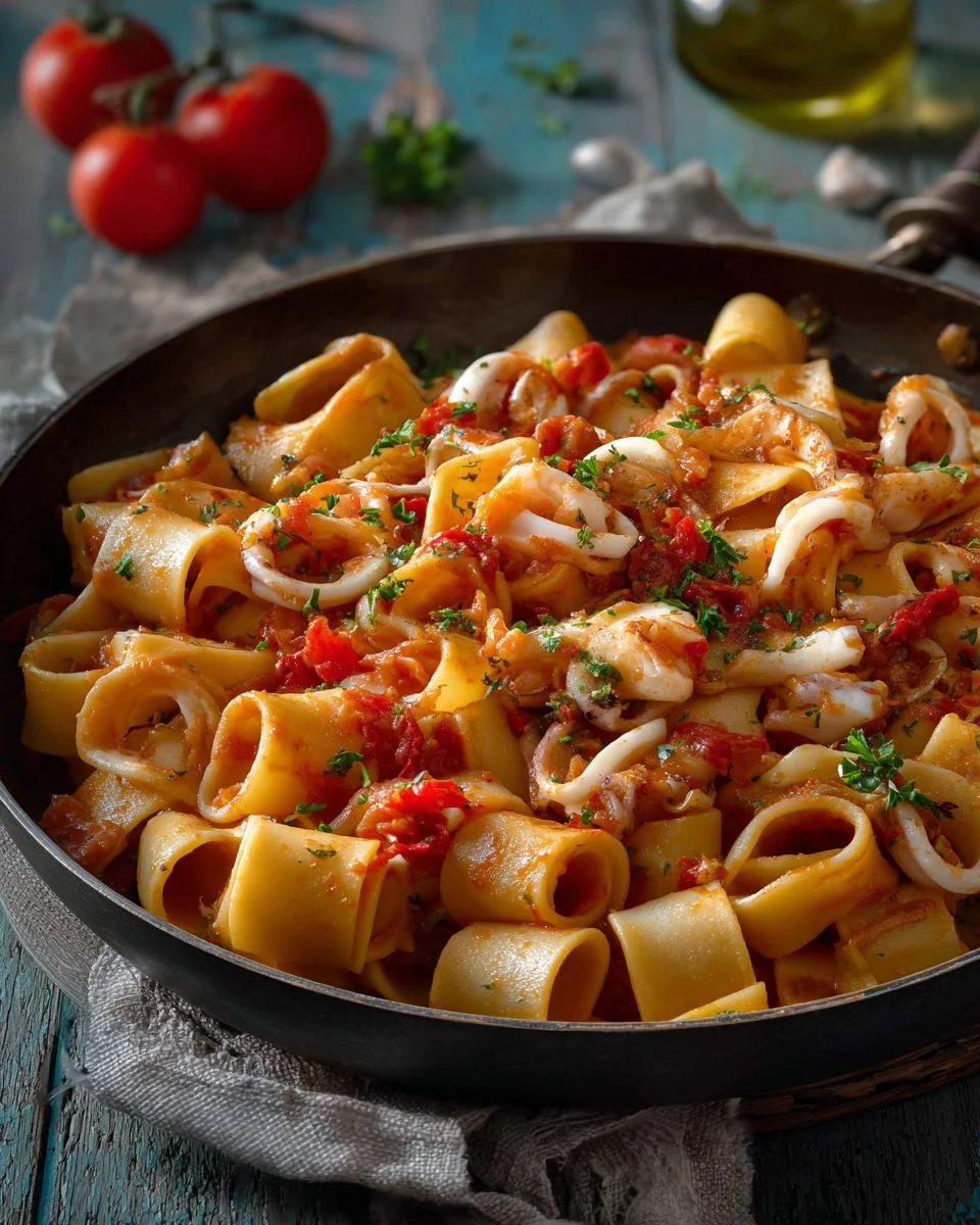 Delicious squid pasta with fresh tomato sauce served in a bowl