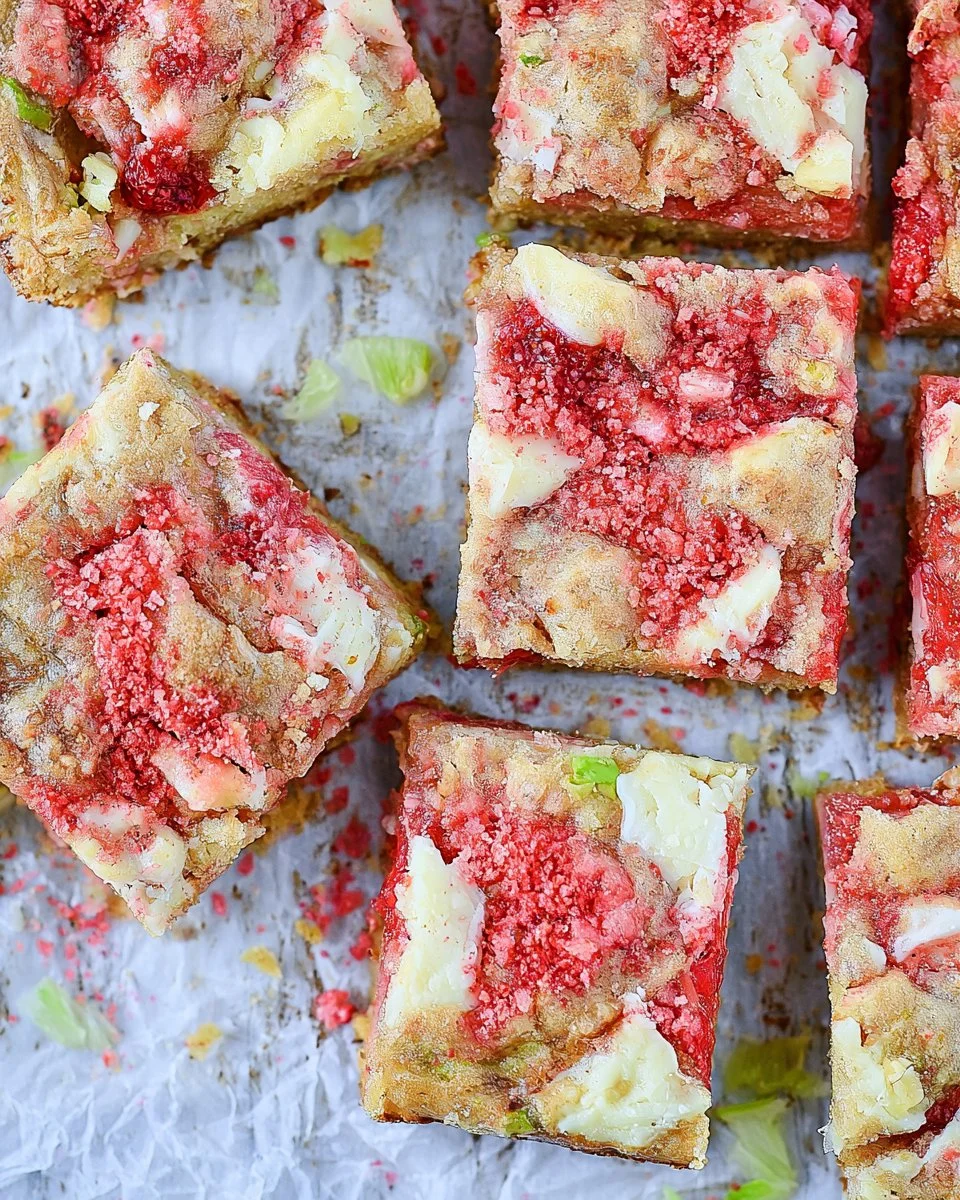Delicious strawberry and lime white chocolate blondies on a plate