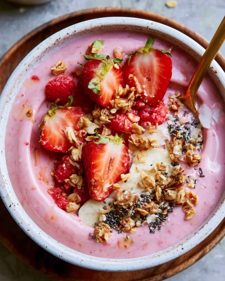 Delicious and colorful strawberry smoothie bowl topped with fresh fruits and seeds.