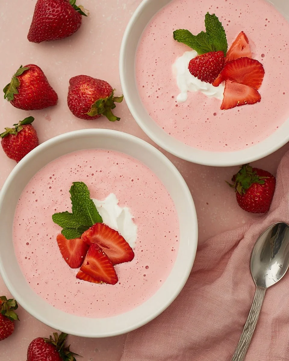 Bowl of delicious homemade strawberry soup topped with fresh mint leaves