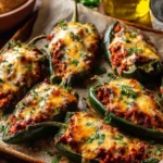 Delicious stuffed poblano peppers topped with melted cheese on a plate