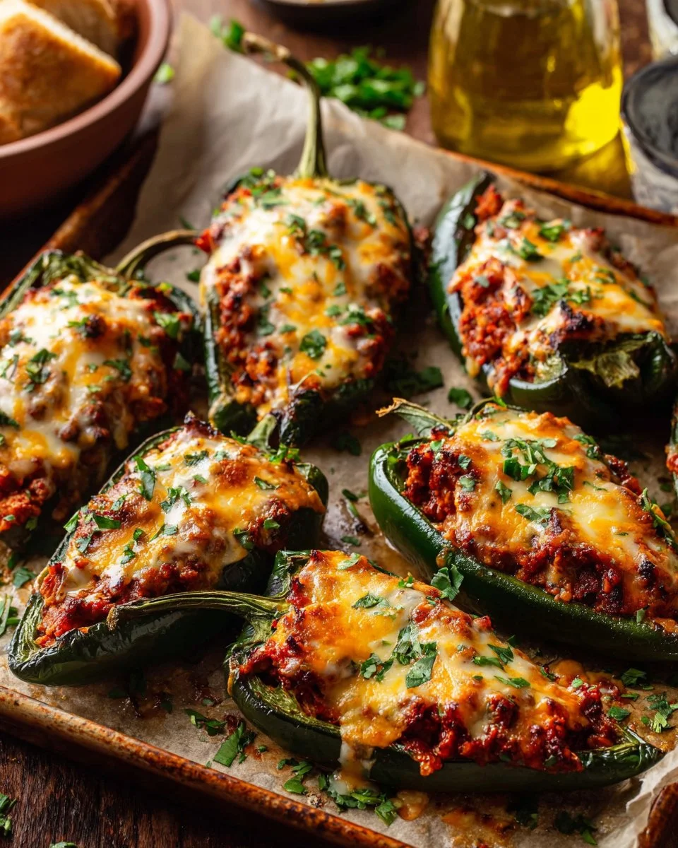 Delicious stuffed poblano peppers topped with melted cheese on a plate