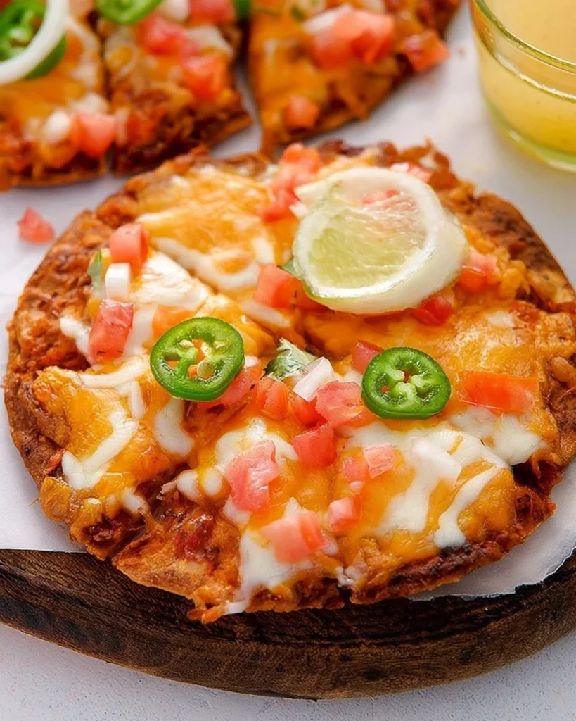 Taco Bell Mexican Pizza topped with cheese, beans, and fresh ingredients