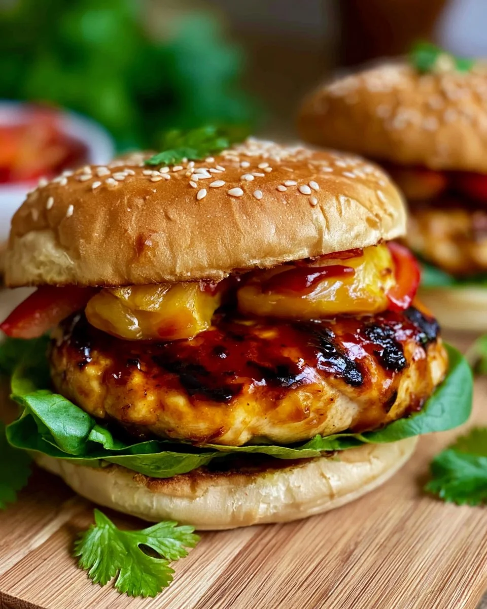 Juicy teriyaki chicken burger with fresh toppings and sauce on a bun