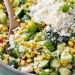 Bowl of TexMex Cucumber and Corn Salad topped with fresh herbs