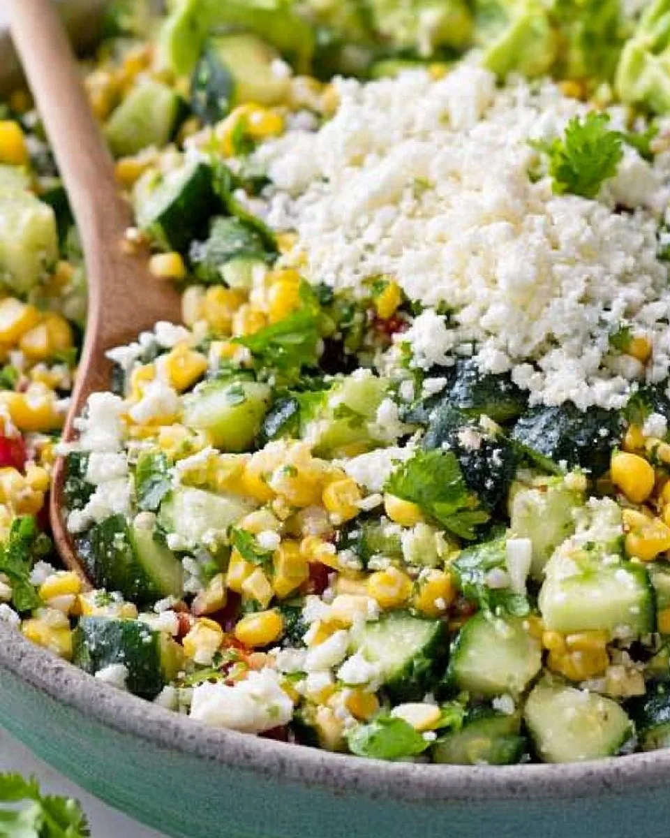 Bowl of TexMex Cucumber and Corn Salad topped with fresh herbs