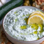 Delicious homemade tzatziki sauce made with yogurt, cucumbers, and herbs.