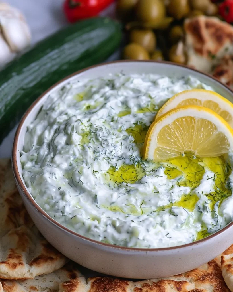 Delicious homemade tzatziki sauce made with yogurt, cucumbers, and herbs.
