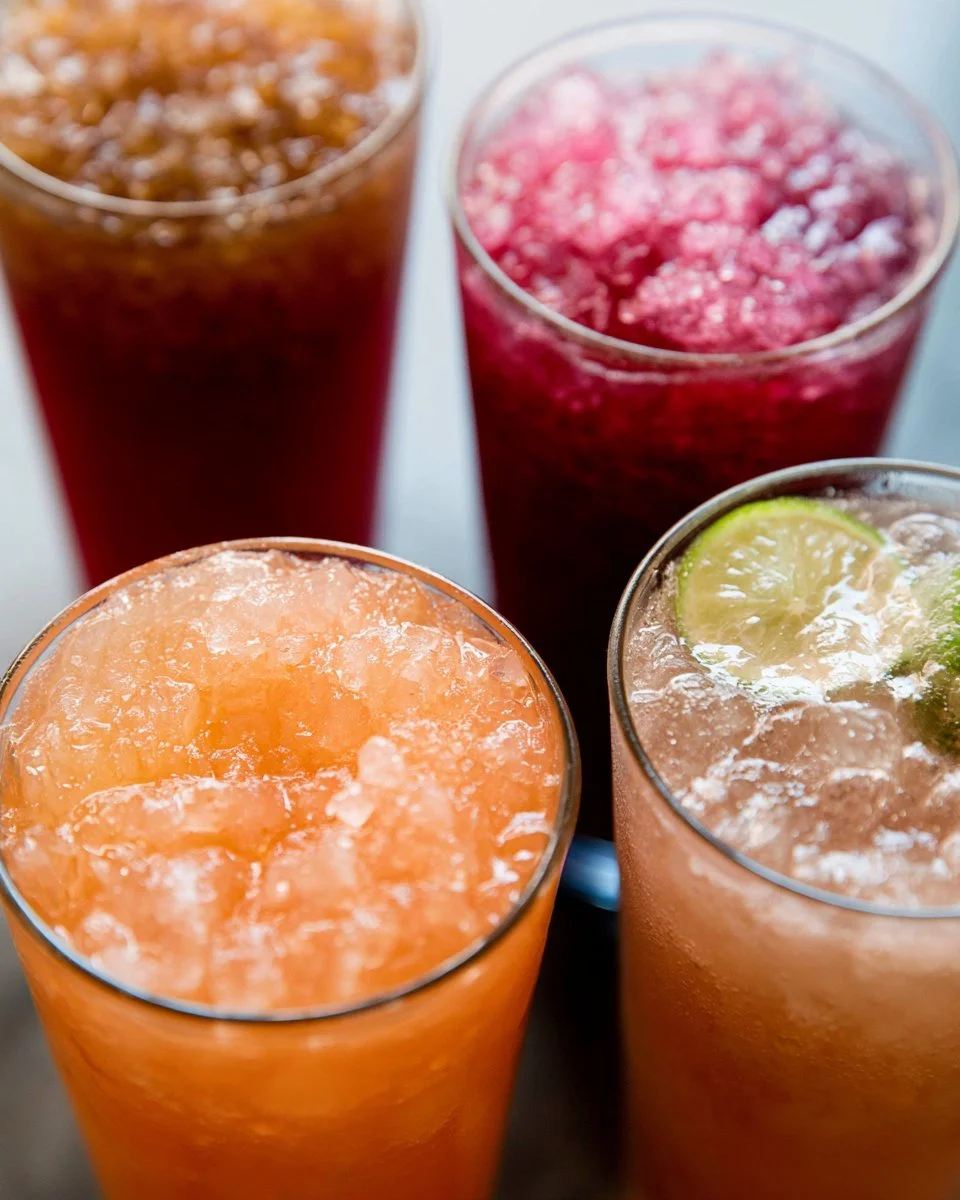 Colorful dirty soda drinks with various flavors and garnishes.
