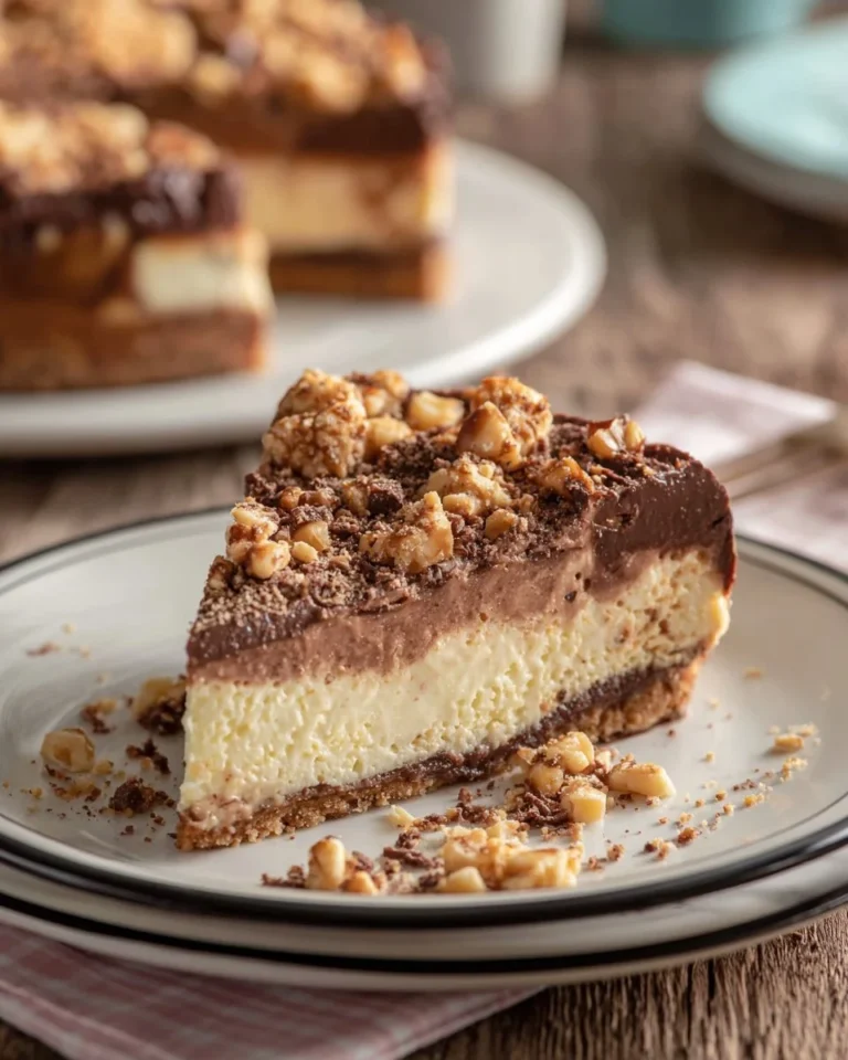 Delicious Toffee Chocolate Cheesecake topped with chocolate drizzle and toffee pieces
