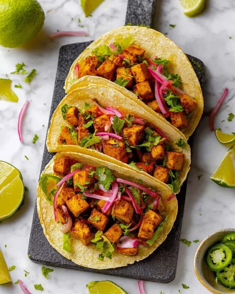 Delicious tofu tacos garnished with fresh vegetables and spices