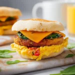 Delicious vegan breakfast sandwich with fresh vegetables and plant-based ingredients