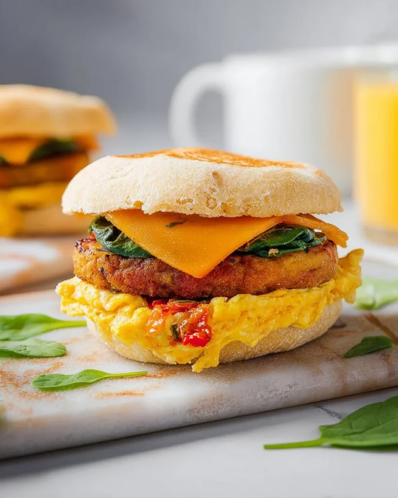 Delicious vegan breakfast sandwich with fresh vegetables and plant-based ingredients