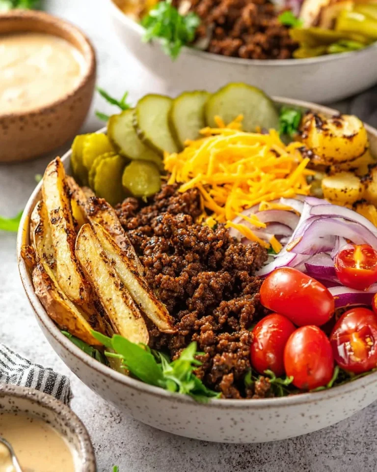 Vegan Cheeseburger Bowl featuring plant-based ingredients in a colorful dish.