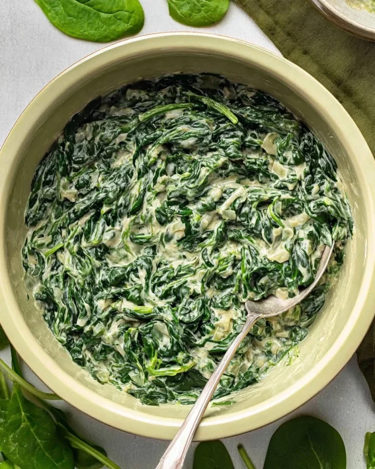 Bowl of vegan creamed spinach garnished with herbs