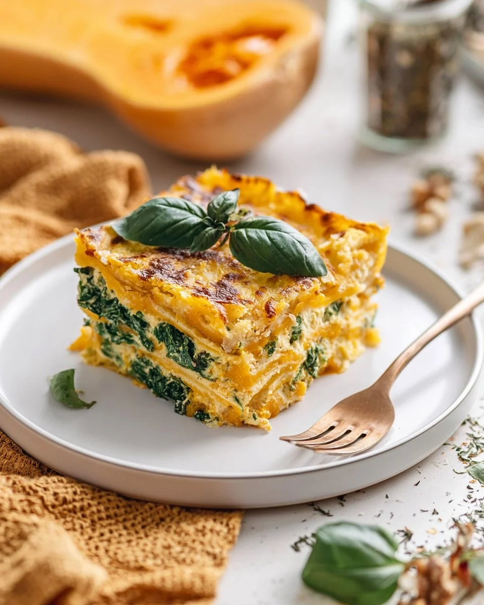 Vegan spinach and butternut squash lasagna garnished with fresh herbs