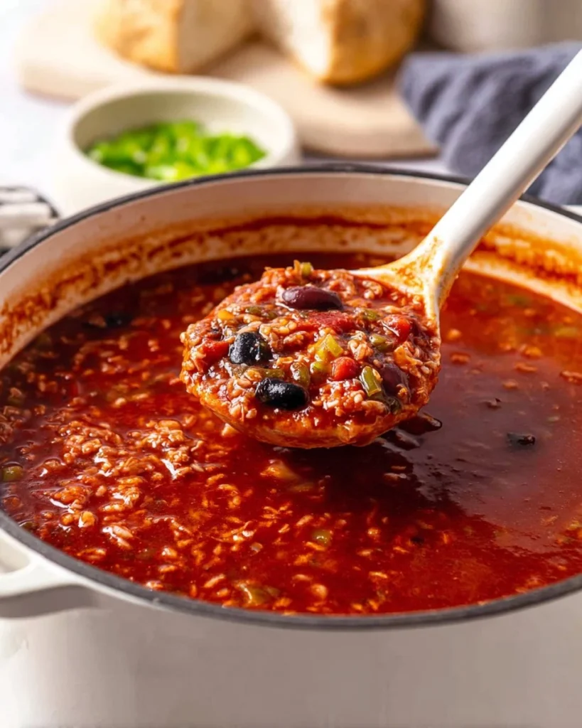 A bowl of vegan stuffed pepper soup with colorful peppers and spices.