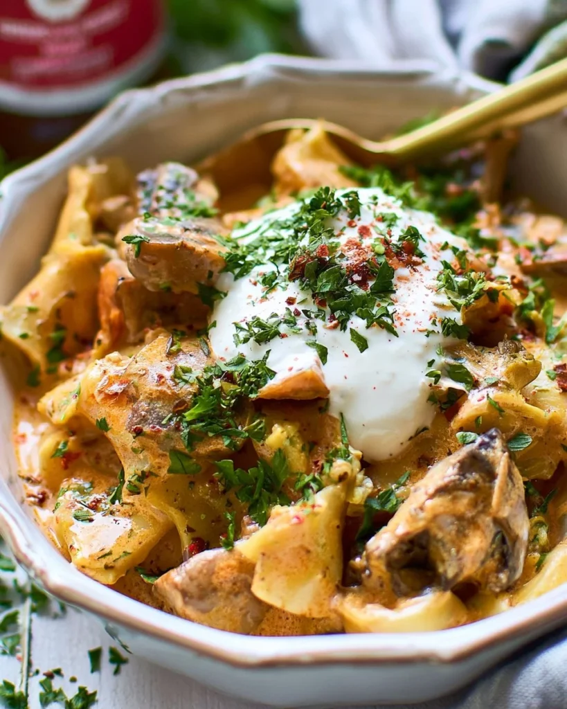 Bowl of creamy Vegetarian Stroganoff with mushrooms and pasta.