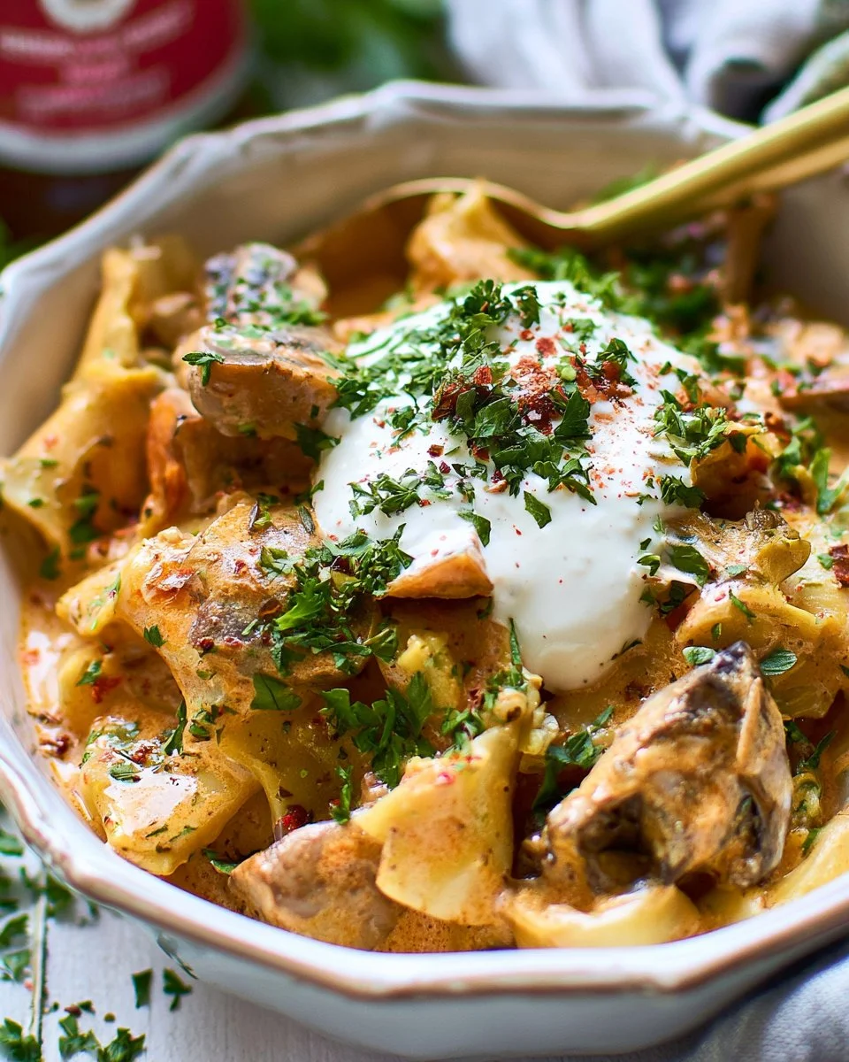Bowl of creamy Vegetarian Stroganoff with mushrooms and pasta.